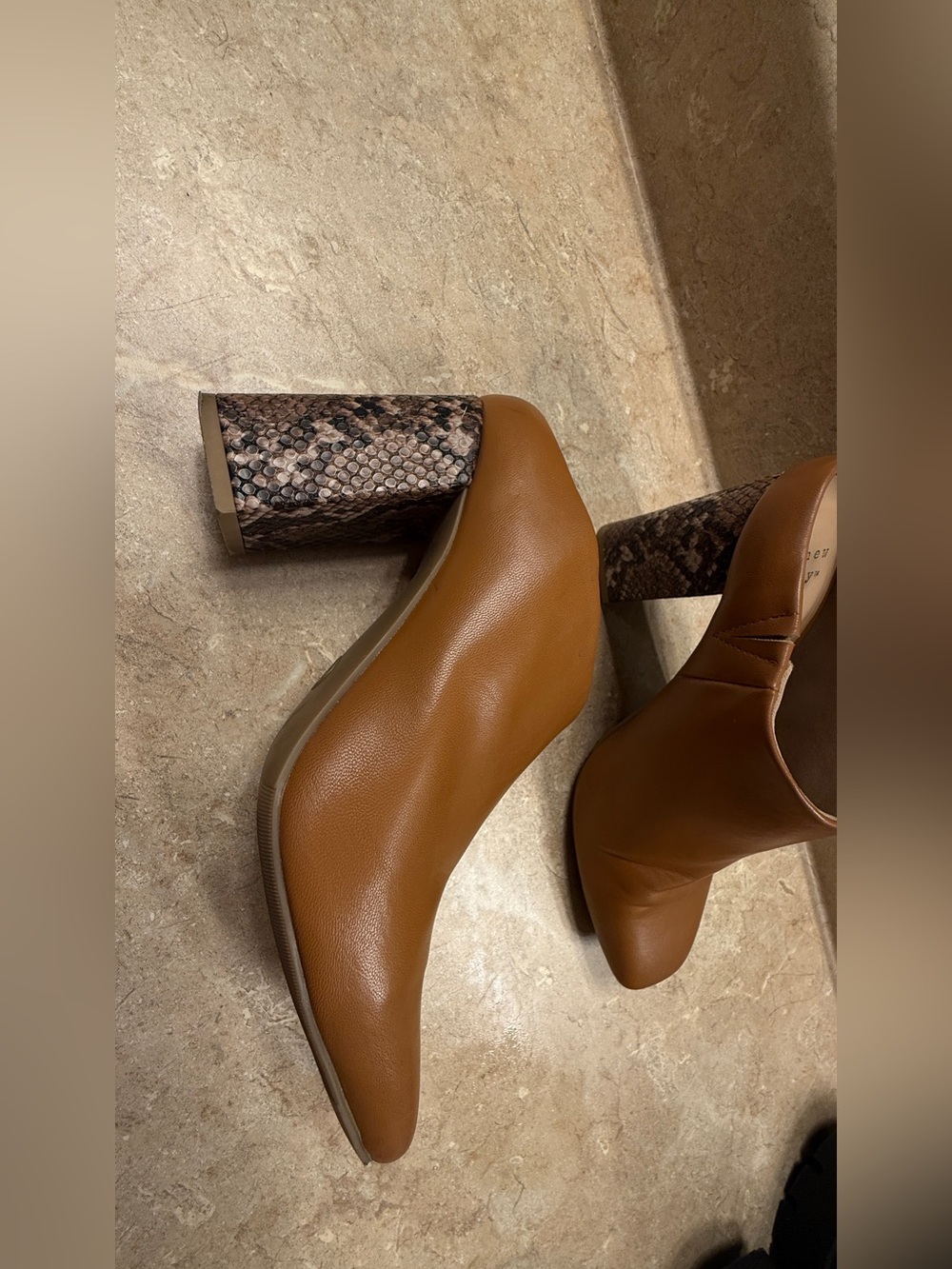 Women's Tan Leather Ankle Boots with Snake-Print Block Heel